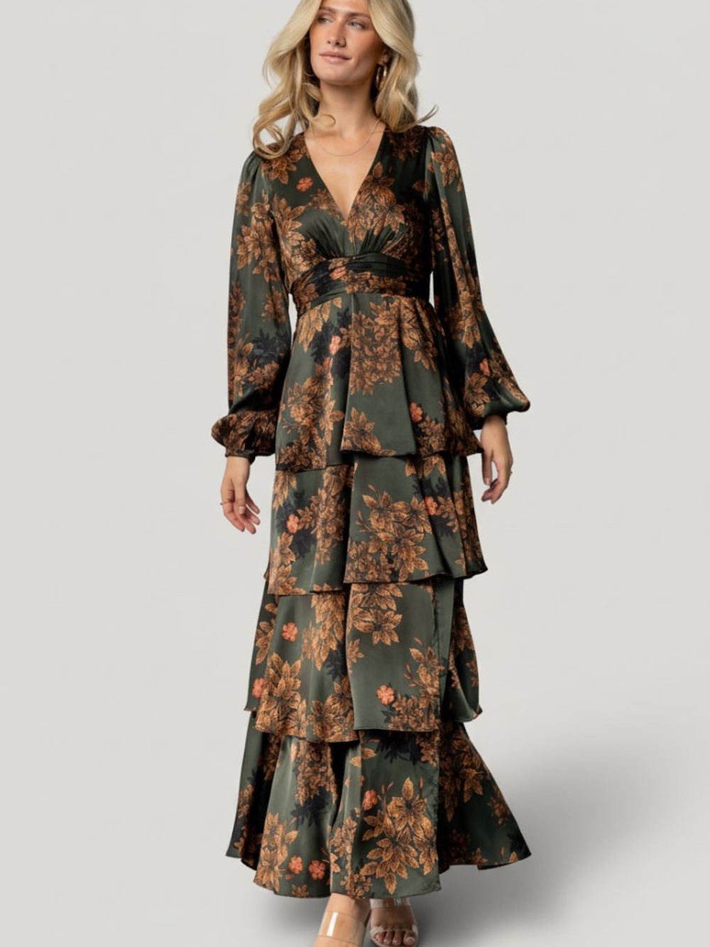 Baltic Born Montrouge Tiered Satin Dress | Olive Floral Size XLXL - Picture 5 of 5